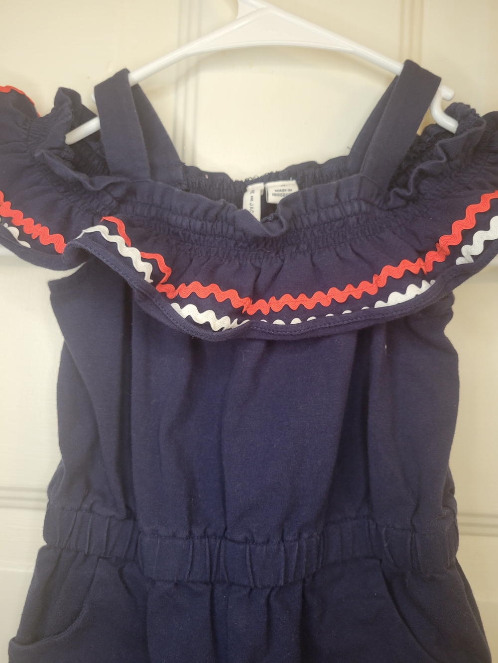Janie And Jack Navy Off-Shoulder Romper with Red & White Trim - Picture 4 of 7